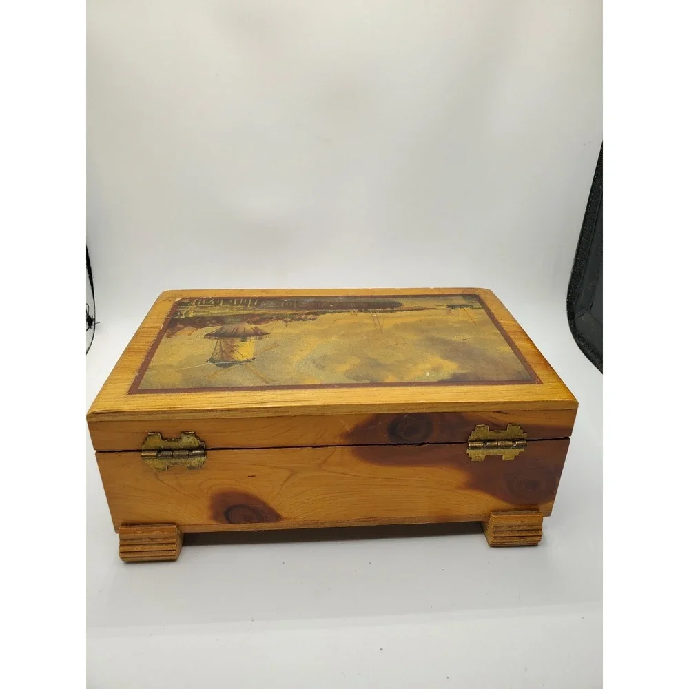 Vintage Wooden Jewelry Trinket Box Hinged Overlay 9 x 5 Inches Footed Holland